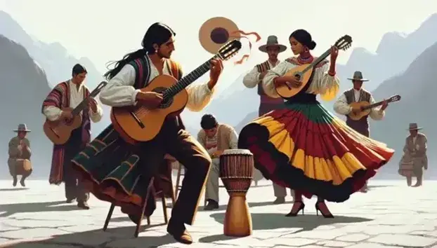 Grupo de músicos tradicionales en actuación al aire libre, con hombre tocando guitarra, mujer danzando con falda colorida y sombrero, y otro con charango, frente a montañas.