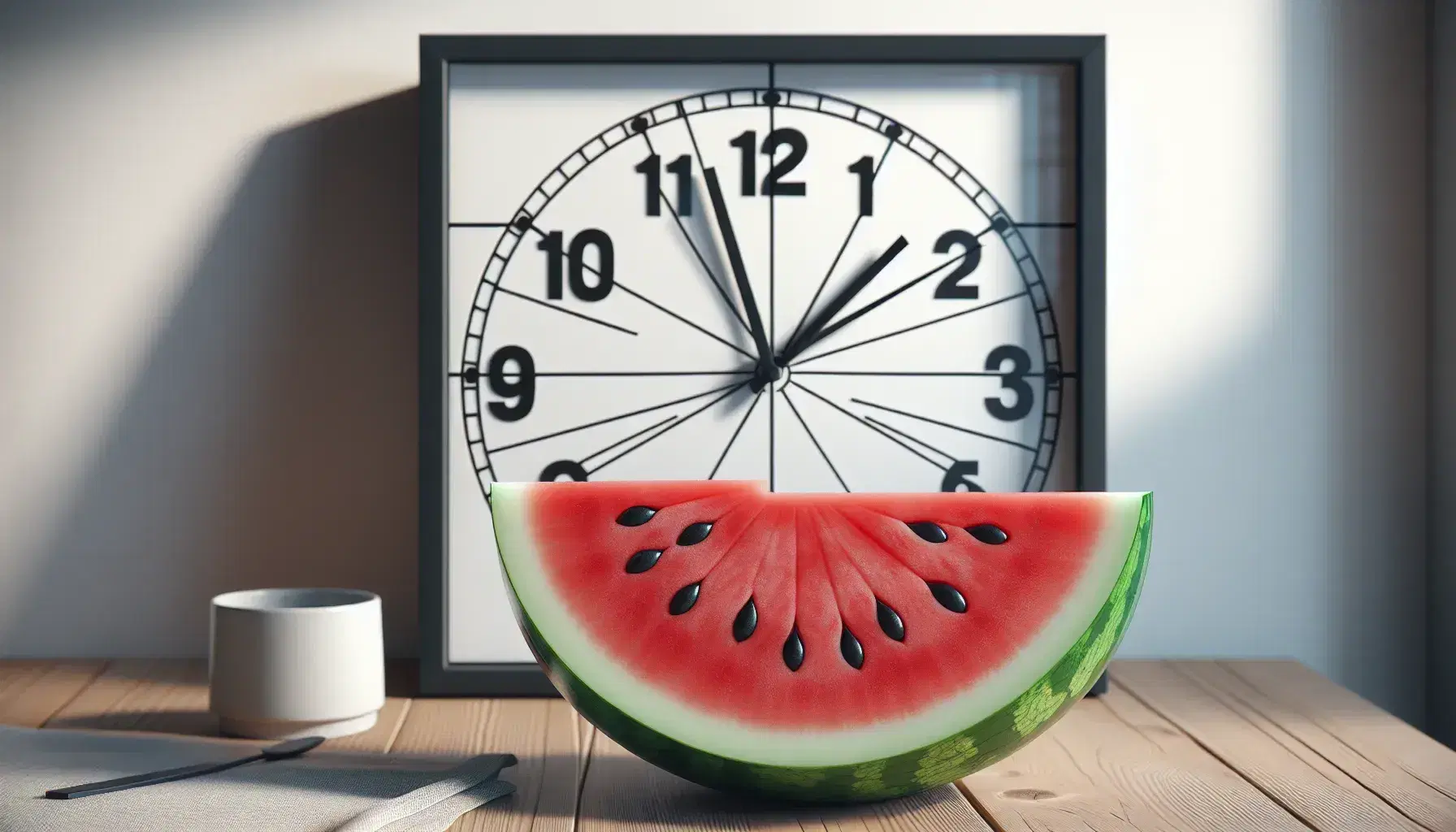 Analog wall clock showing 3 o'clock with a slice of watermelon on a wooden table, highlighting the contrast between time and fresh fruit.