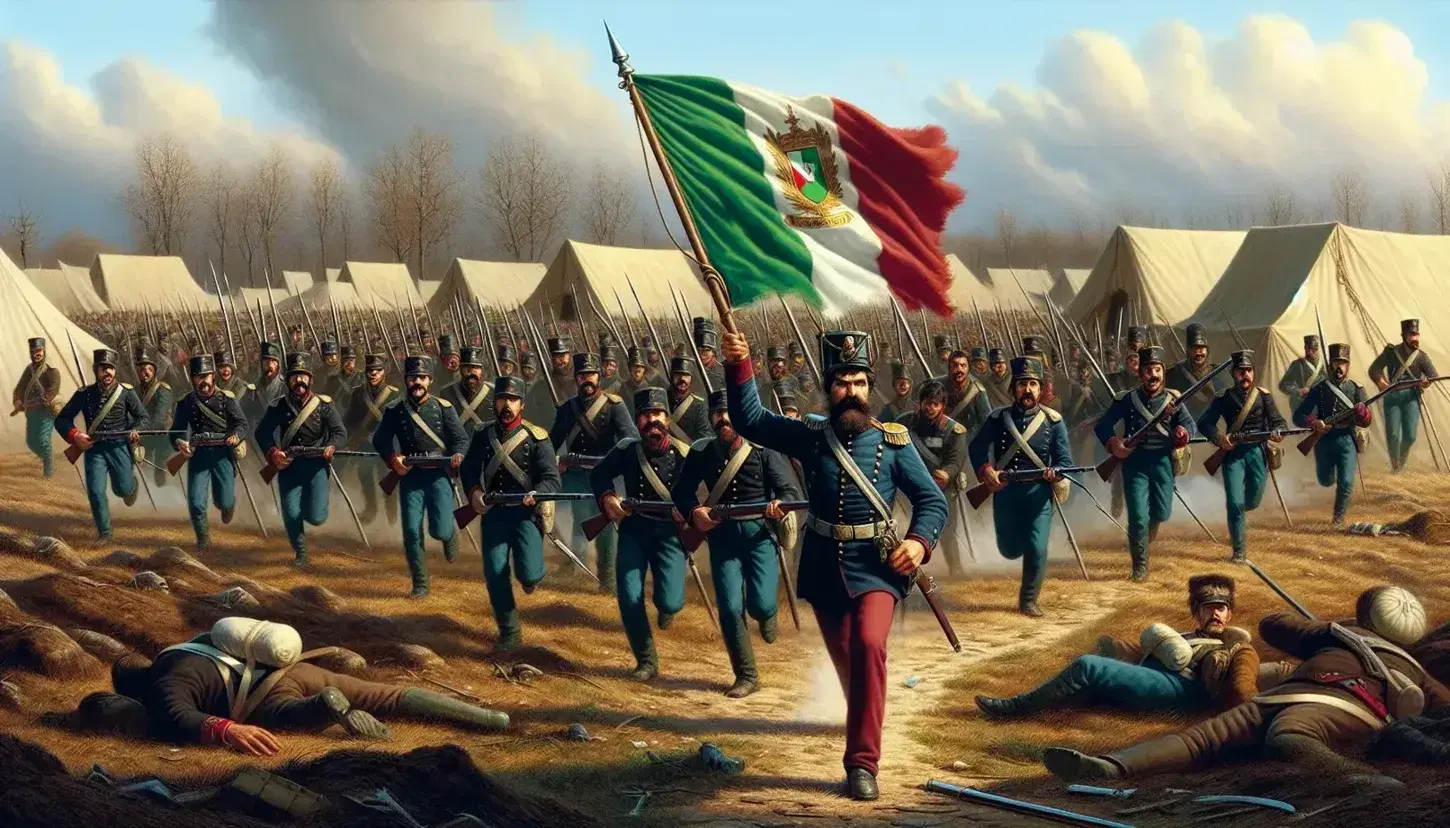 Soldati in uniforme risorgimentale con giacche blu e pantaloni rossi avanzano con bandiera tricolore italiana su campo di battaglia storico.
