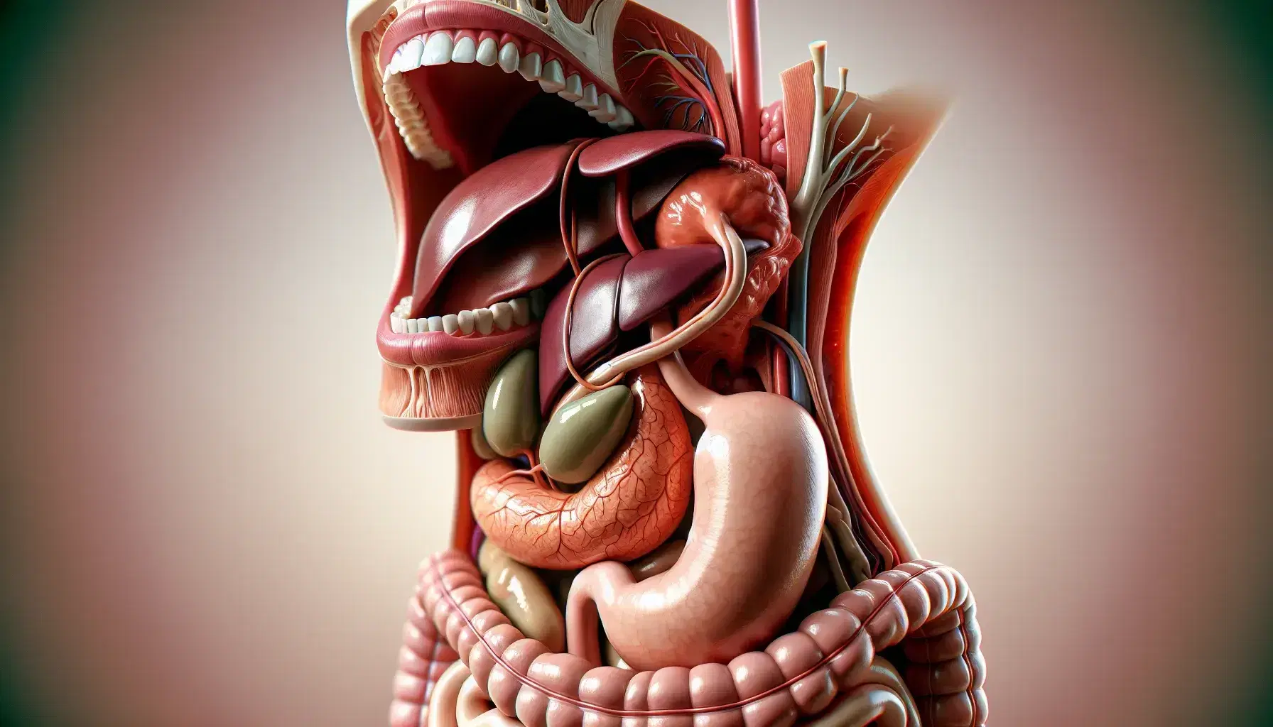 Modelo anatómico tridimensional y colorido del sistema digestivo humano, mostrando boca, dientes, lengua, esófago, estómago, hígado, vesícula biliar, páncreas e intestinos.