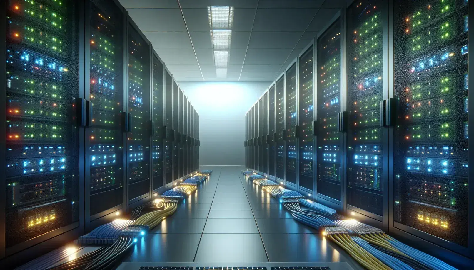 Modern data center with LED illuminated server racks, neat colored cables and technician working on hardware. Advanced technological environment.