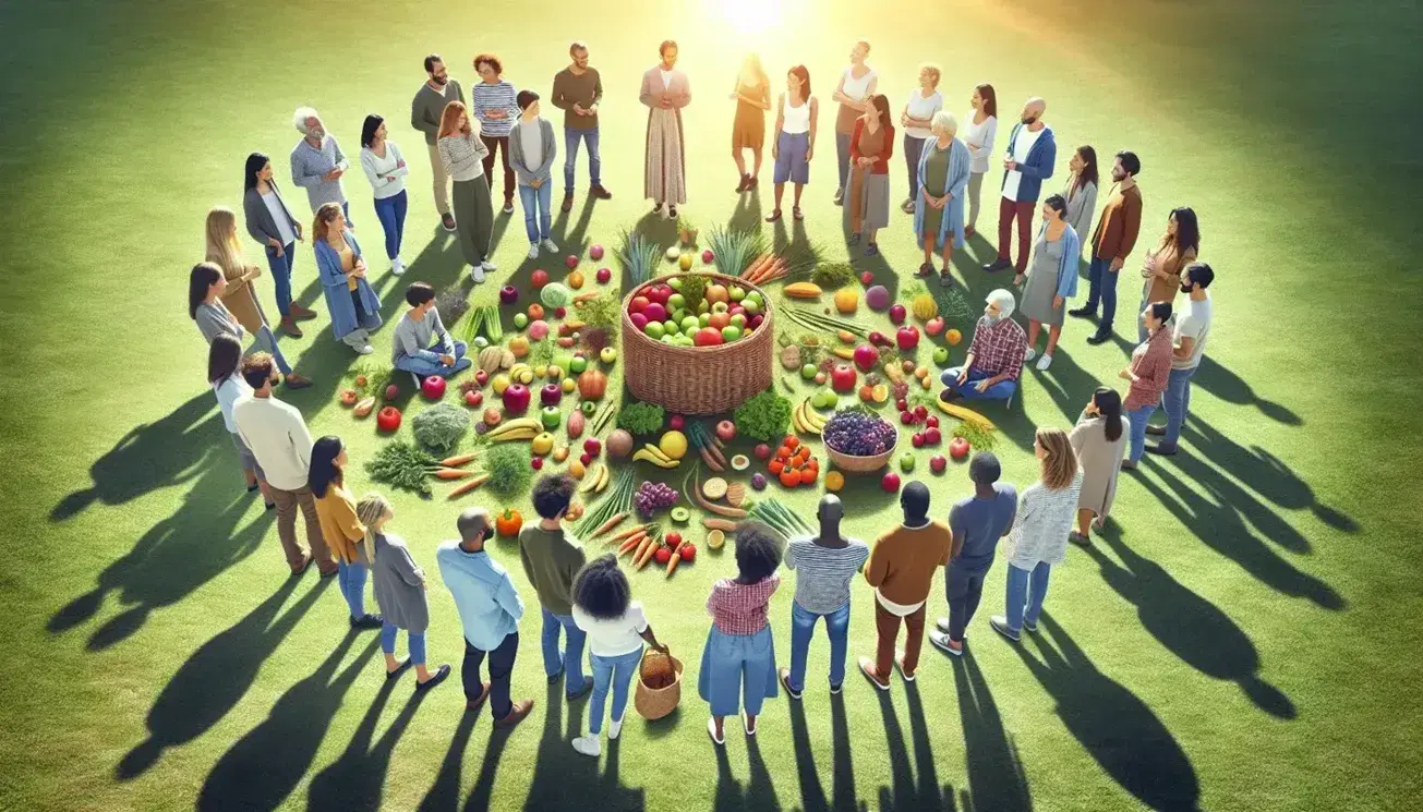 Grupo diverso de personas en círculo al aire libre compartiendo canasta con frutas y verduras frescas en un día soleado.