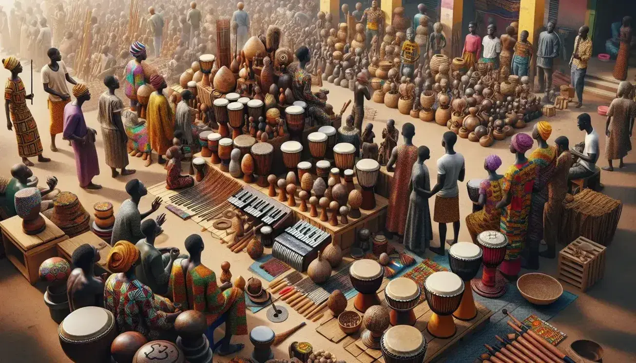 Mercato africano all'aperto con persone in abiti tradizionali e occidentali, strumenti musicali, cesti intrecciati e sculture in legno.