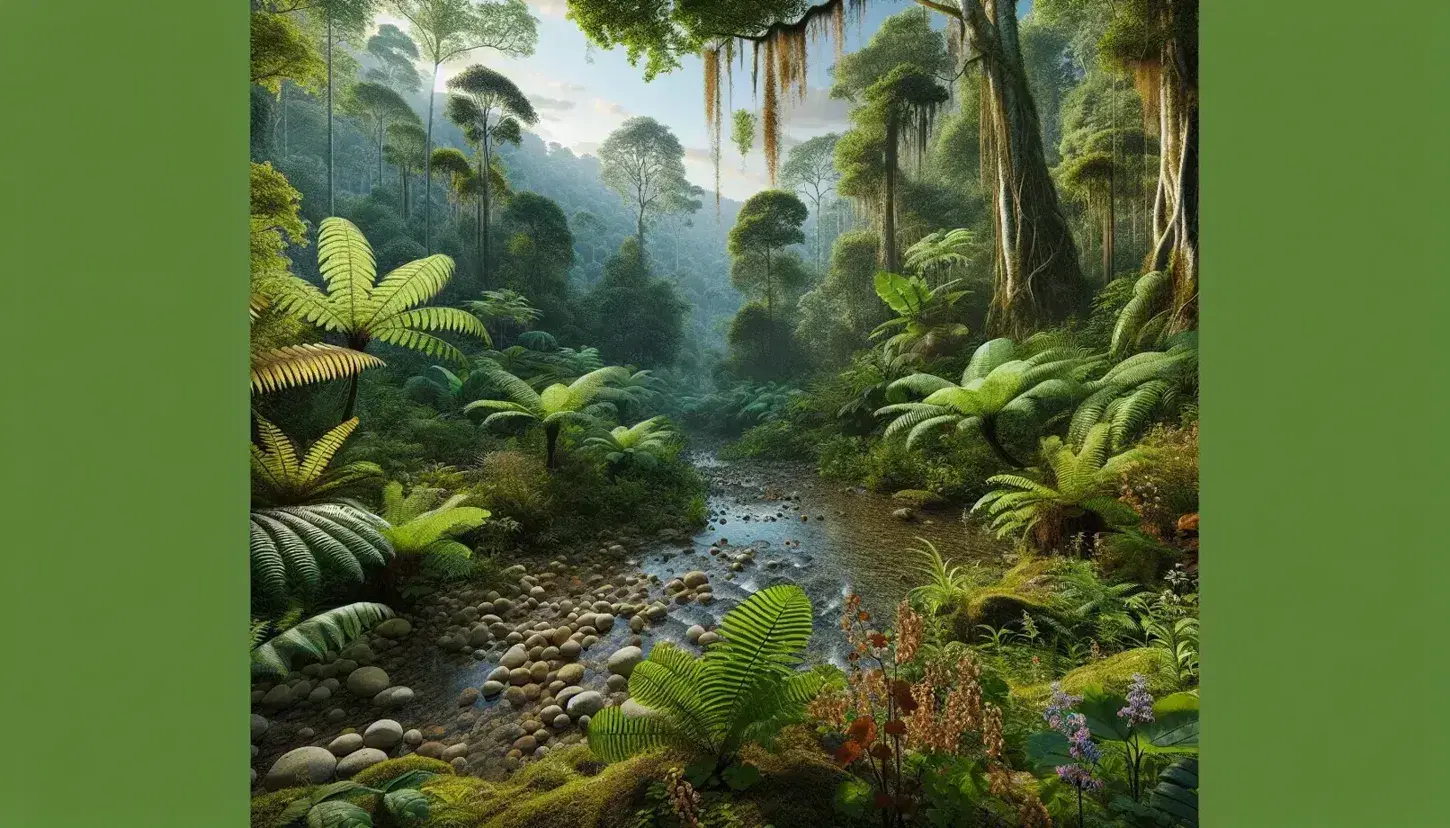 Vista panorámica de selva tropical colombiana con helechos, árboles frondosos, riachuelo de agua clara y aves de colores vivos en rama.