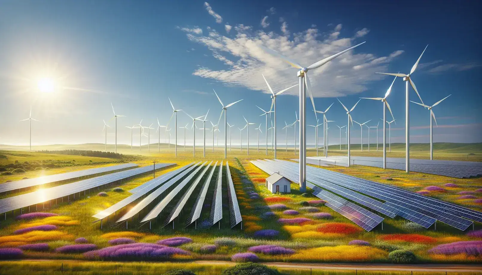 Green landscape with modern wind turbines and solar panels, house with panels on the roof, under a cloudless blue sky.