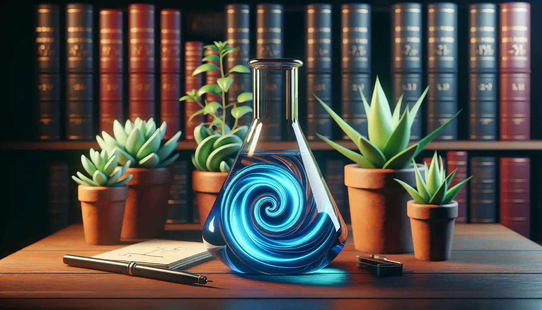 Clear glass flask with blue swirling liquid on a wooden table, surrounded by green plants in terracotta pots, against a bookshelf filled with leather-bound books.
