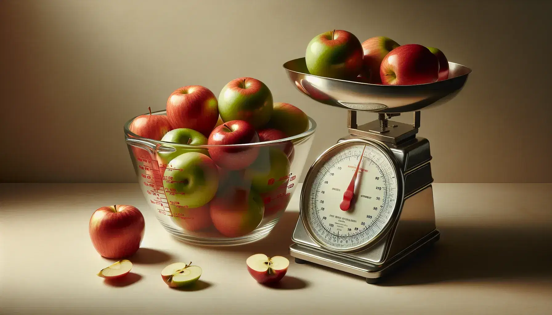 Still life with glossy red and green apples in a glass bowl, stainless steel measuring cups, and a kitchen scale with an apple on a neutral background.