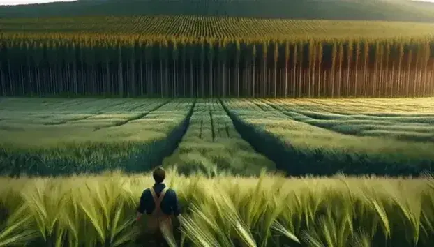Campo de cereales en distintas etapas de maduración con un bosque al fondo y una figura humana observando el paisaje, reflejando la interacción entre agricultura y silvicultura.