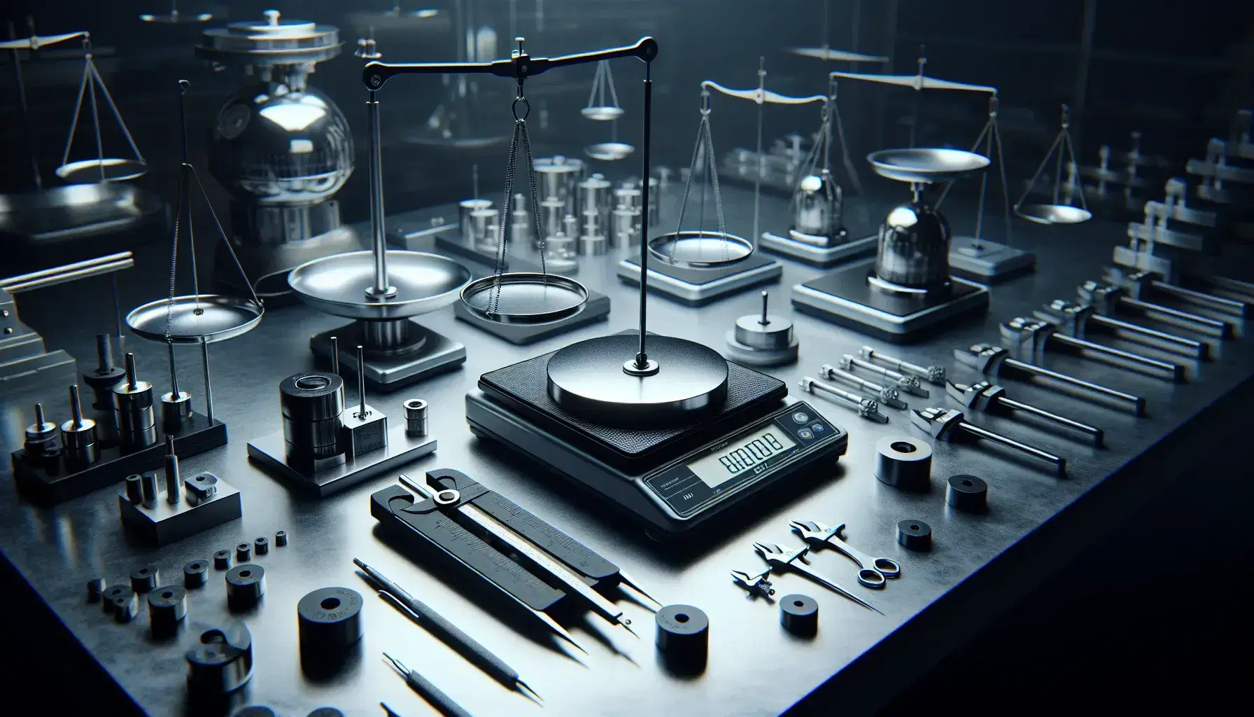Bilance di precisione assortite su tavolo da laboratorio con pesi di calibrazione e strumenti di misura, in ambiente professionale.