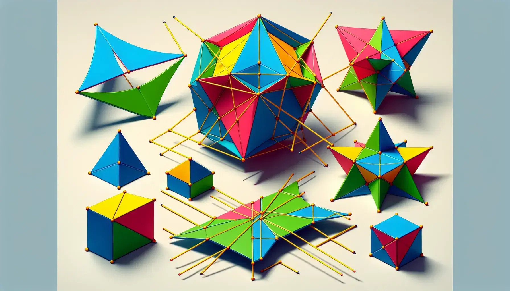 Colección de polígonos geométricos de colores vivos con diagonales, ángulos internos y externos marcados, destacando la simetría y diversidad de formas.