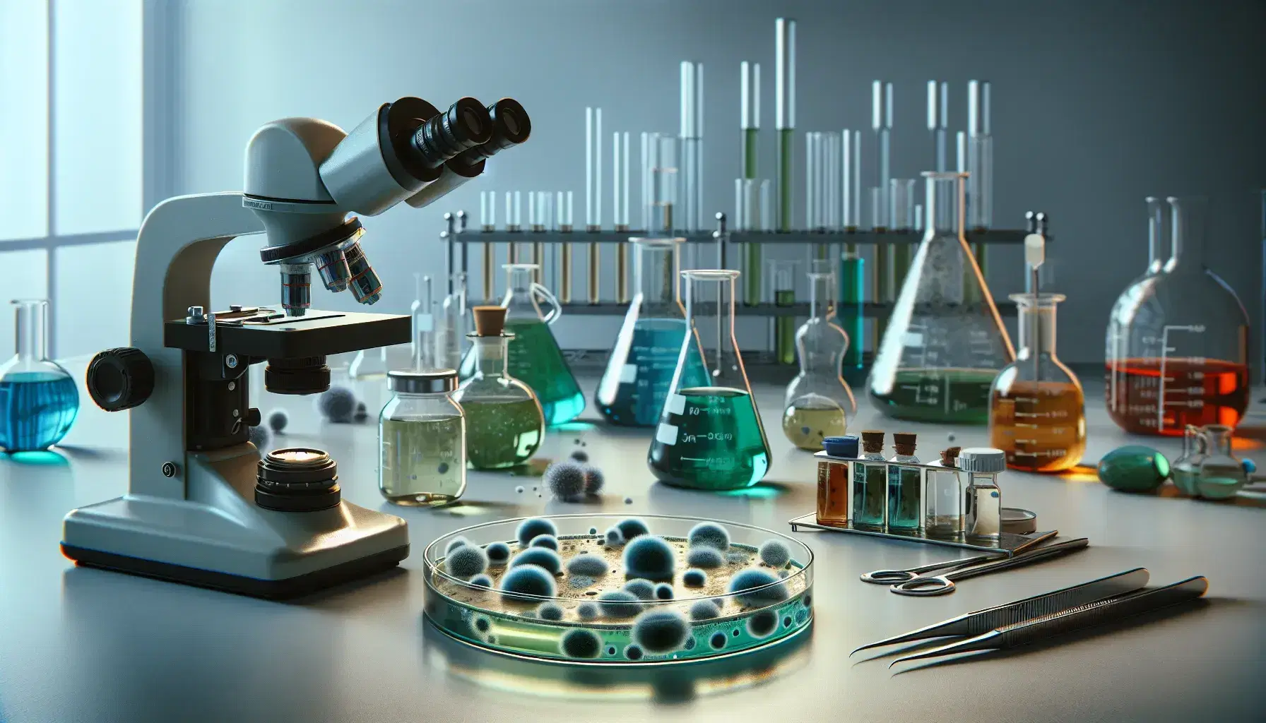 Petri dish with greenish-blue Penicillium mold culture on a lab bench, flanked by a microscope and scientific tools, with glassware in the background.