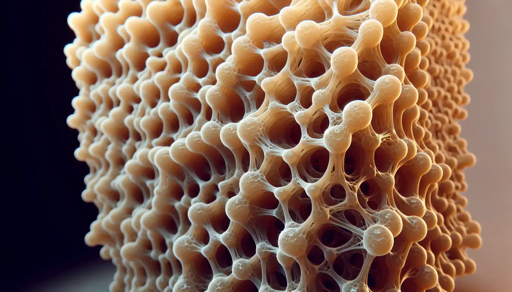 Three-dimensional woven network of shiny and translucent filaments similar to a spider's web, with amber shades and a gradient blurred background.