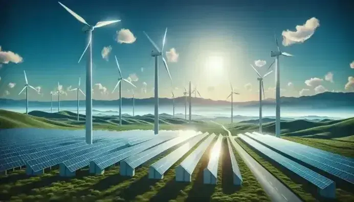 Paisaje de energías renovables con aerogeneradores y paneles solares en campo verde bajo cielo azul con montañas al fondo.