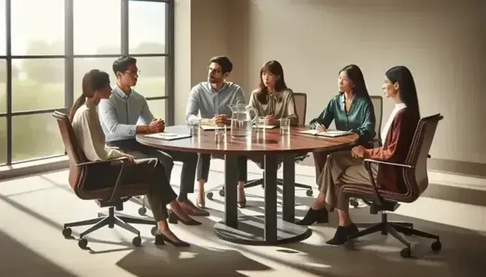 Five diverse professionals in a well-lit meeting room with a circular mahogany table, discussing with notepads, pens, and water glasses present.