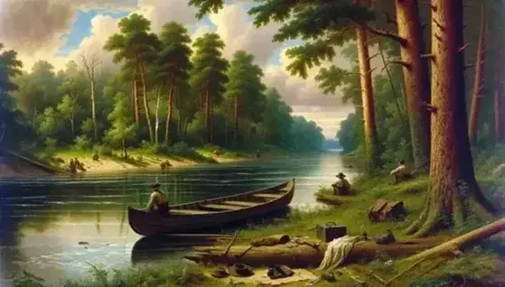 Fiume serpeggiante in foresta lussureggiante con barca legata, cappello, canna da pesca e adolescenti su tronco, riflesso cielo azzurro.