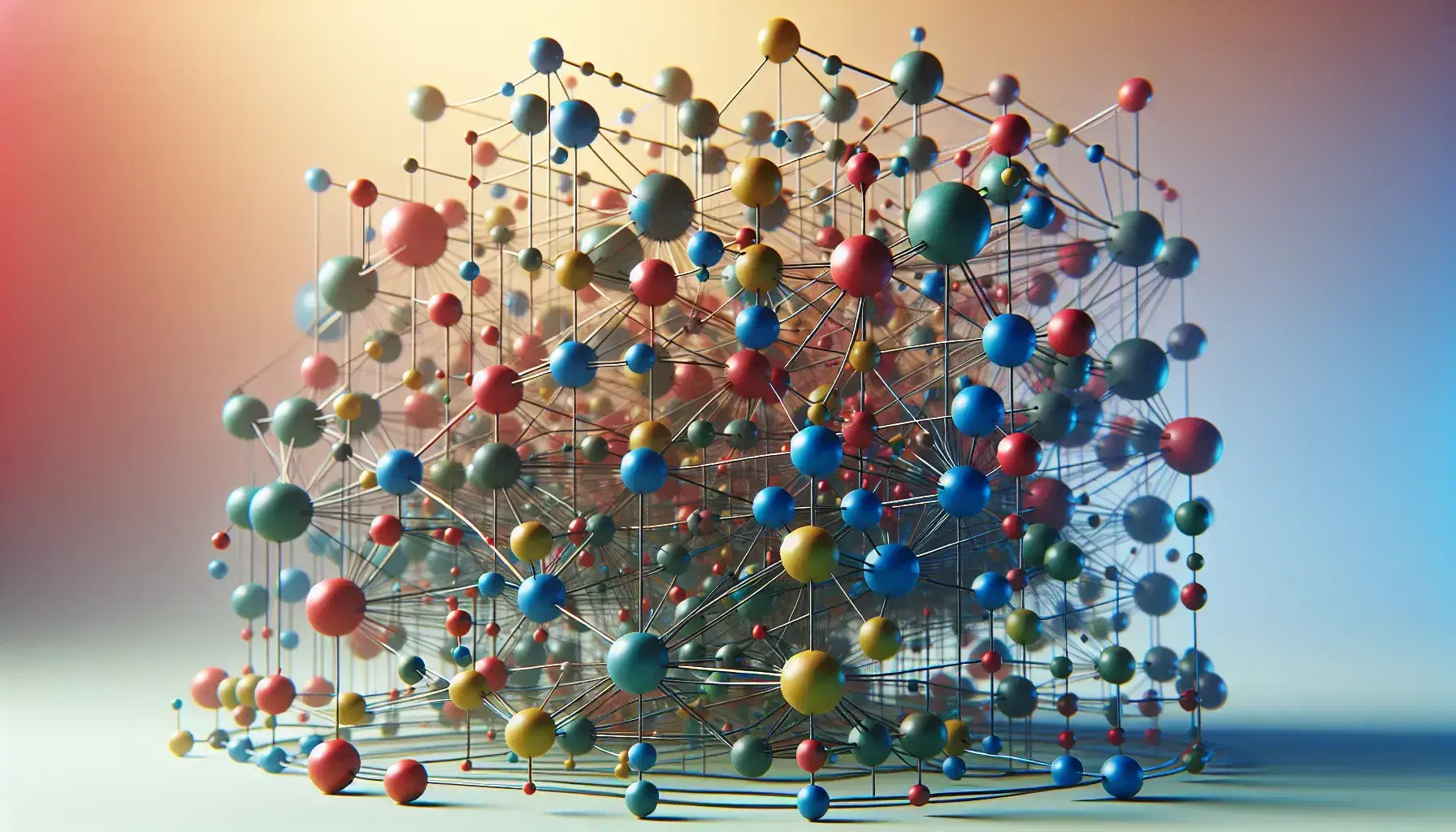 Estructura tridimensional de esferas multicolores conectadas por barras en un fondo degradado, sin presencia de texto o seres vivos.