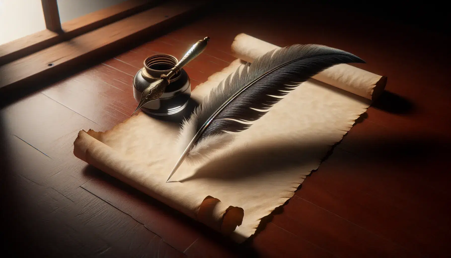 Quill pen on blank parchment scroll with brass inkwell on mahogany desk, natural light from window with greenery backdrop.