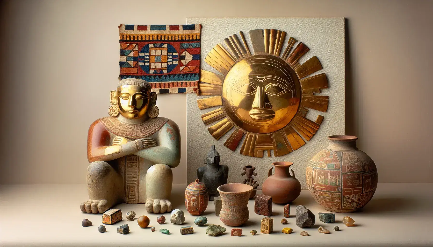 Colección de artefactos arqueológicos con vasija cerámica, máscara de oro, tejido geométrico, estatuilla animal y disco solar metálico sobre fondo neutro.