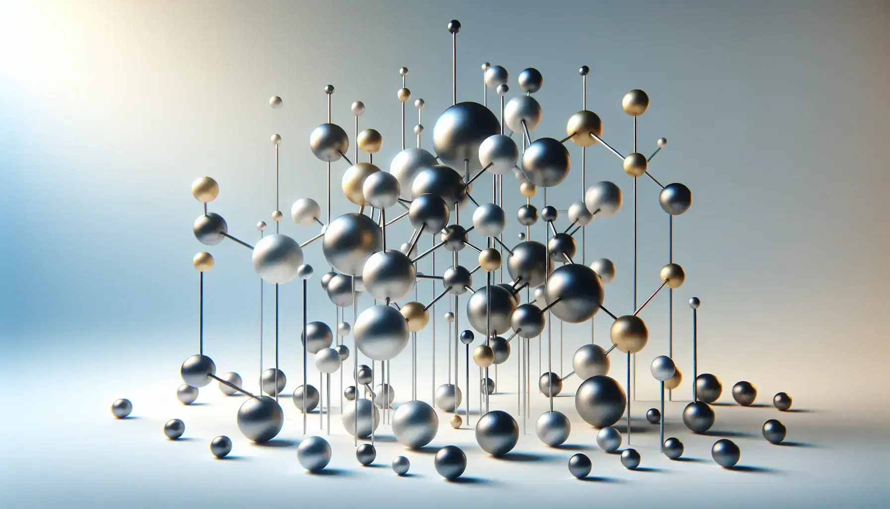 Estructura tridimensional de esferas metálicas plateadas y doradas unidas por varillas grises sobre fondo degradado azul a blanco.