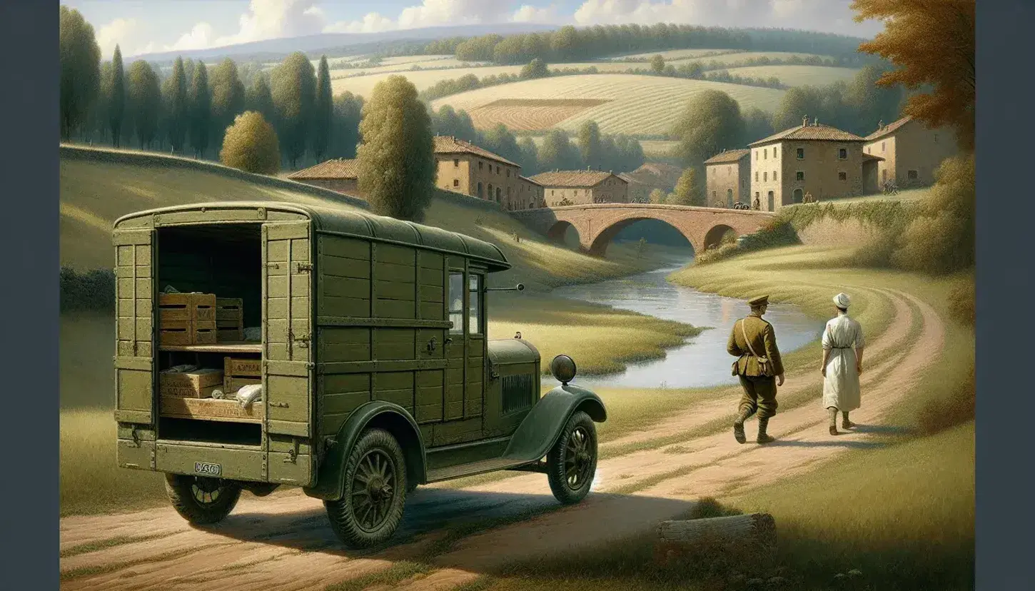 Vintage olive green ambulance with open doors in an early 20th-century Italian countryside, with a man and nurse walking towards a village.