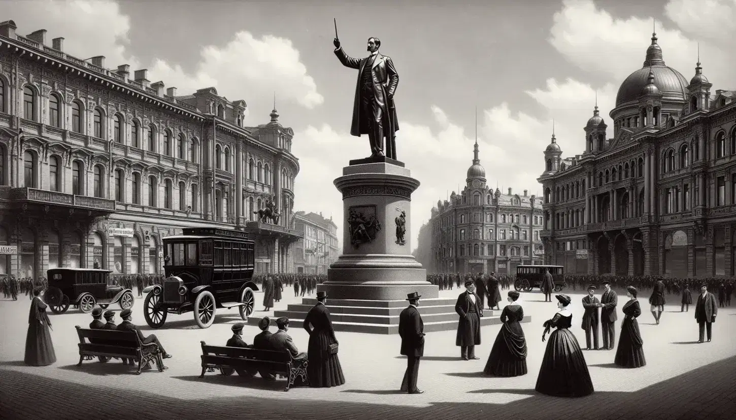Piazza cittadina anni '30 con statua bronzea uomo in posa autoritaria, persone in abiti d'epoca e veicoli vintage su sfondo di edifici storici.