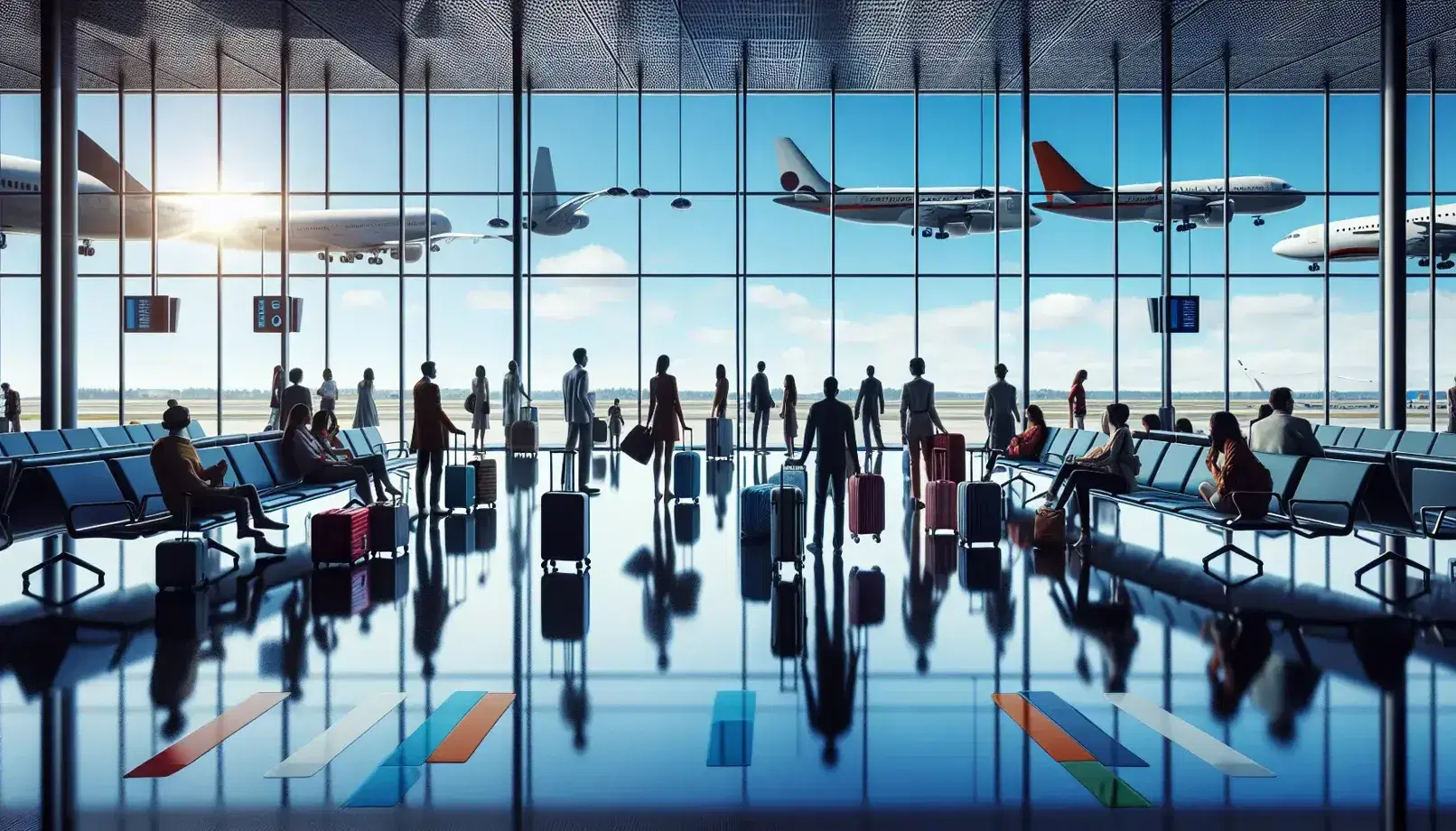 Terminal aeroportuale affollato con passeggeri e valigie, panchine blu, finestre con vista su aerei e cielo sereno.