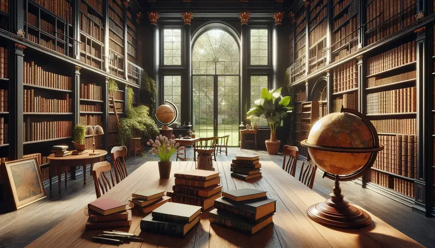 Biblioteca espaciosa con estanterías de madera oscura llenas de libros, mesa central con libros abiertos, globos terráqueos antiguos y ventana con vista a jardín.
