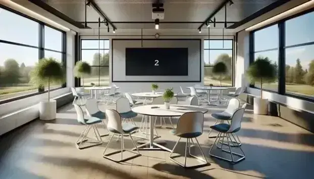 Aula moderna y luminosa con mesas redondas, sillas ergonómicas azules, plantas verdes y pizarra interactiva apagada, junto a ventana con vista a árboles.