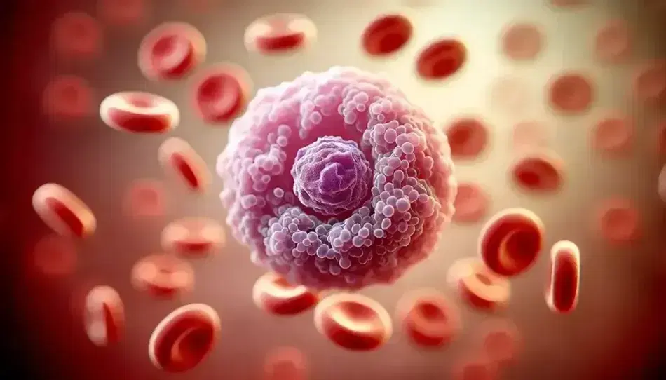 Human neutrophil magnified under the microscope with purple lobed nucleus, pink cytoplasm and fine granules, surrounded by red blood cells in gradient background.