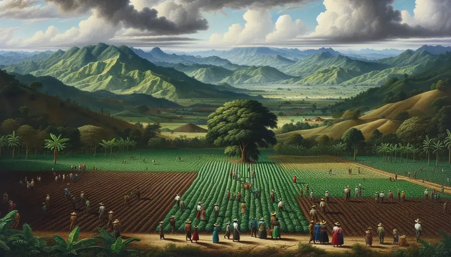 Paisaje rural colombiano con campo cultivado, trabajadores dispersos, árbol frondoso y montañas al fondo bajo un cielo parcialmente nublado.