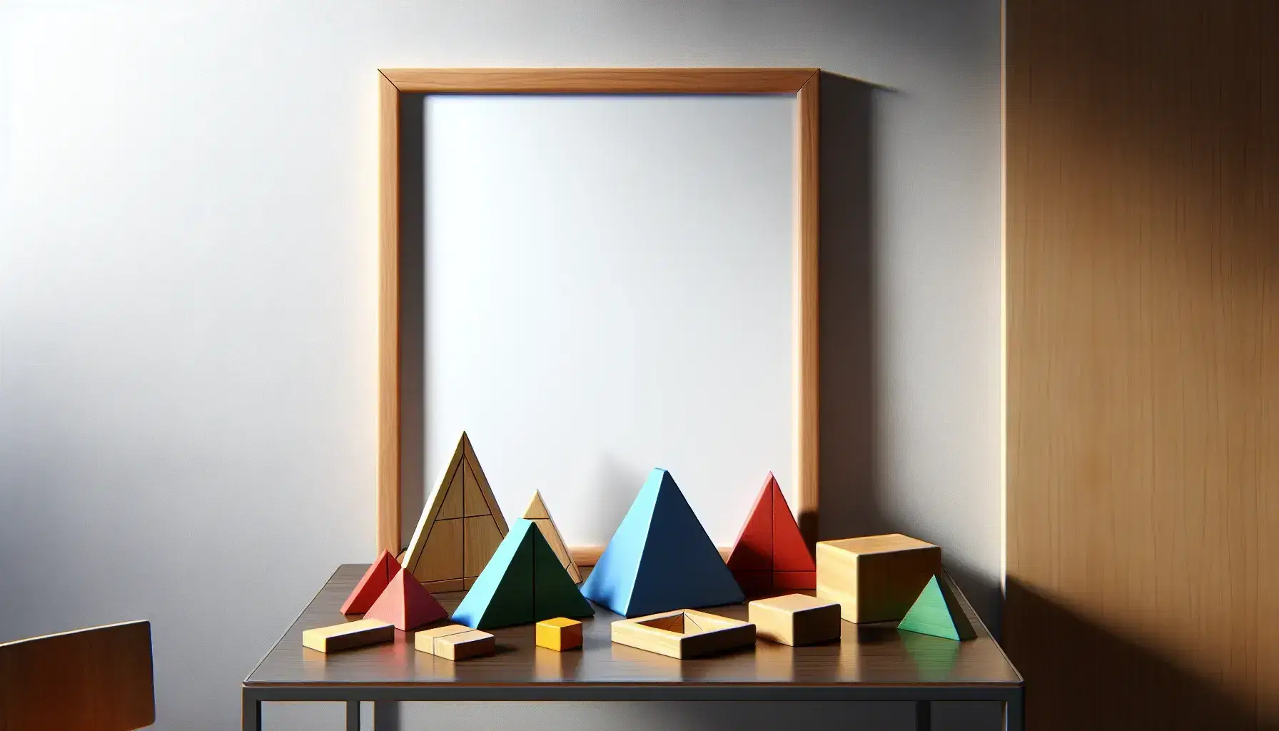 Colorful geometric wooden blocks on a table, including blue triangles, red squares, green rectangles, and a yellow right-angled triangle, with a white chalkboard in the background.
