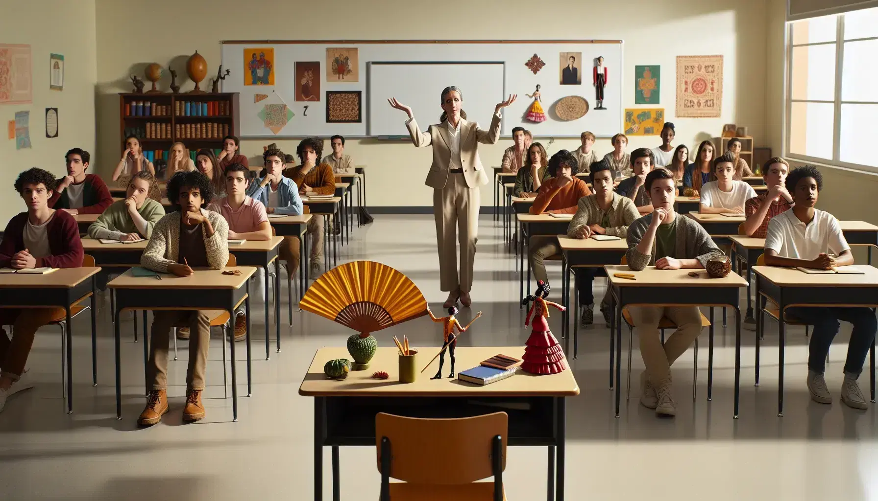 Diverse students in a semi-circle classroom setup focus on a teacher gesturing a question, with cultural Spanish items on a desk in the foreground.