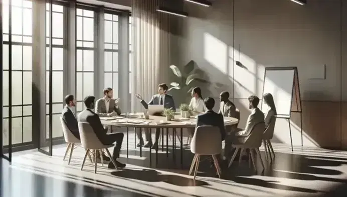 Gruppo di professionisti in riunione attorno a un tavolo rotondo con laptop e fogli, in una sala luminosa con grande finestra e piante verdi.