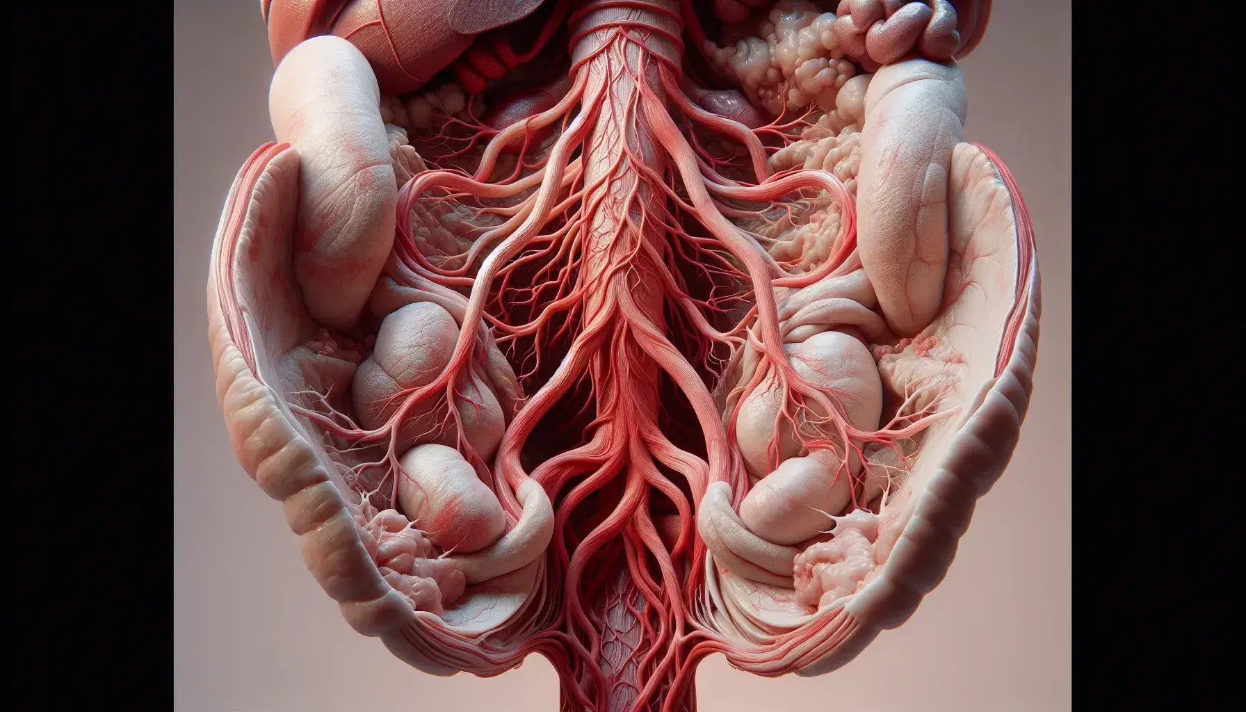 Representación detallada de la aorta abdominal humana en contexto anatómico, con órganos adyacentes en tonos rosados y marrones claros, sin obstrucciones visuales.
