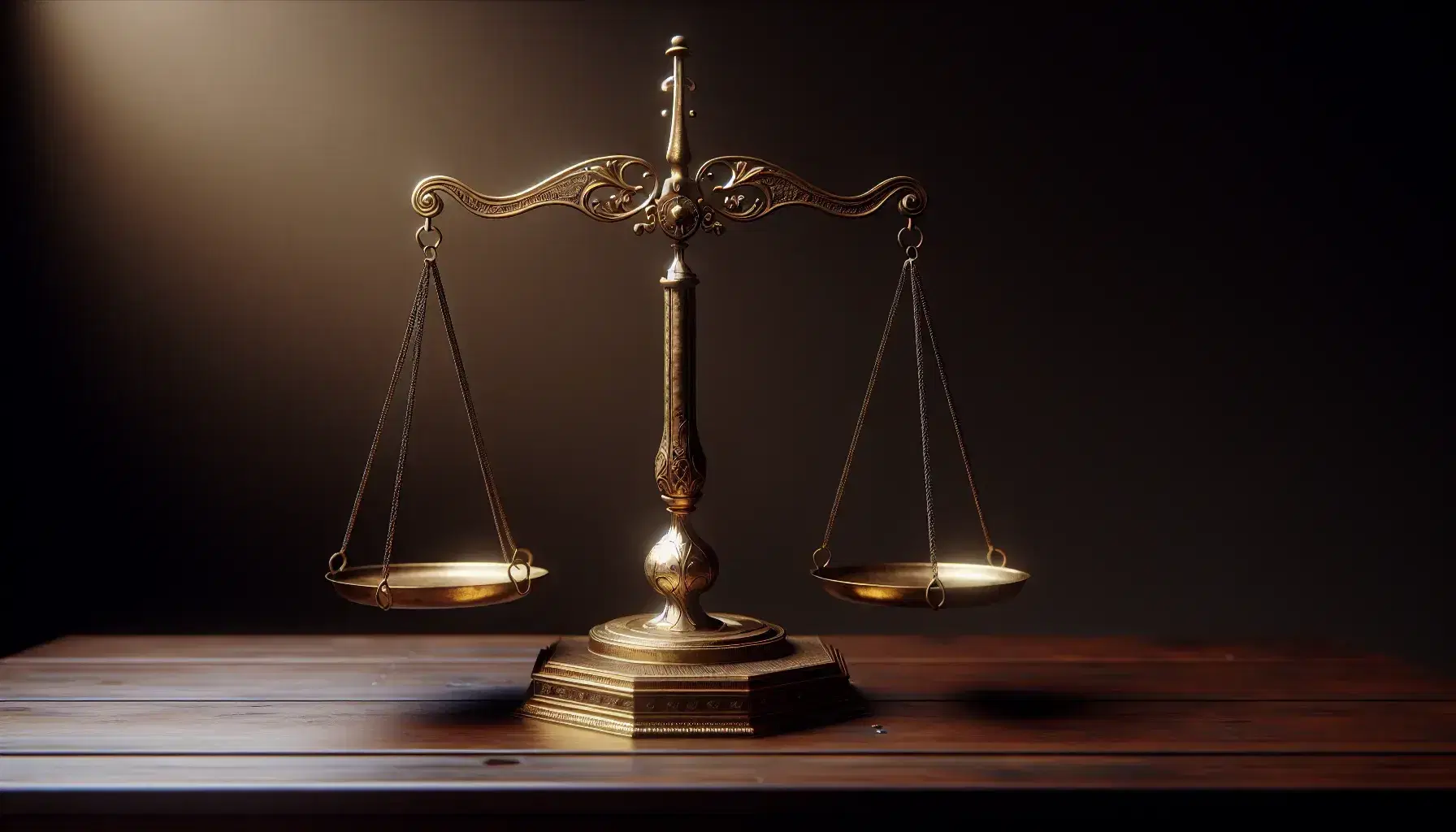 Bilancia antica in equilibrio su tavolo in legno scuro, piatti in ottone opaco riflettono una luce soffusa, senza oggetti o simboli.
