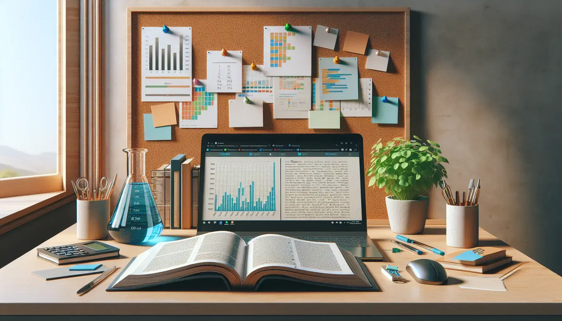 Organized study desk with open textbook, laptop displaying a chart, beaker with blue liquid, and bulletin board with post-it notes in a serene room.