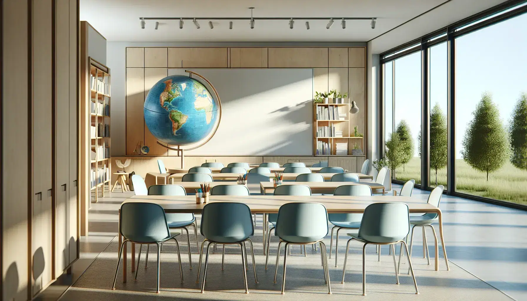Aula moderna y luminosa con mesa de madera, sillas de plástico azul, globo terráqueo, pizarra blanca y estantería con libros, bajo luz natural y vista a árboles.