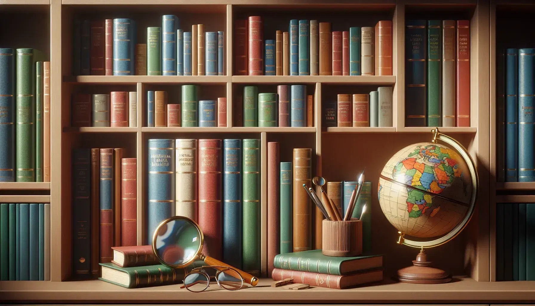 Estantería de madera con libros de tapa dura en colores variados y objetos decorativos como un globo terráqueo, una lupa y unas gafas.