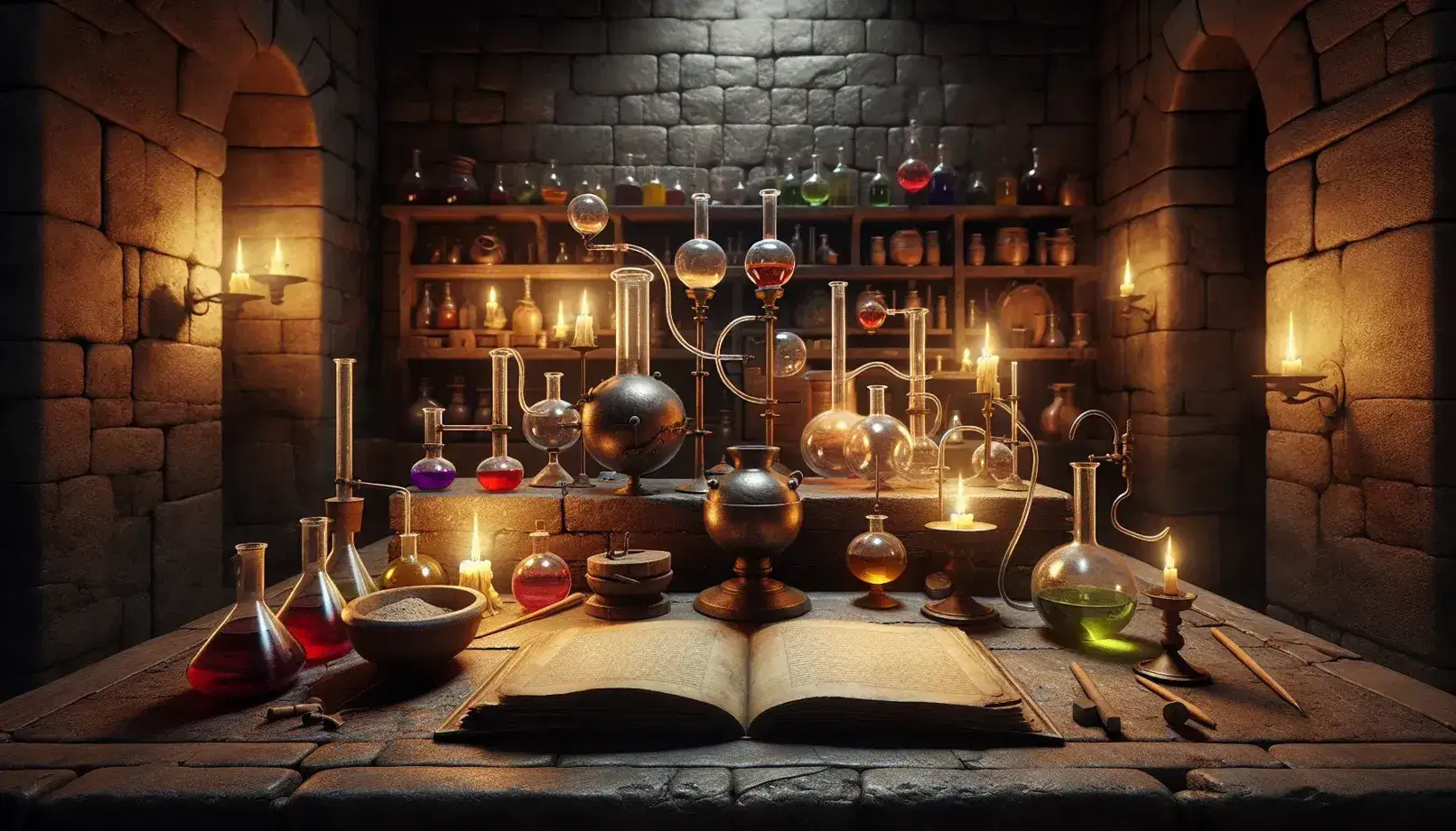 Ancient laboratory with stone walls, wooden table with alchemical glassware, brass scales and open book, illuminated by candles.