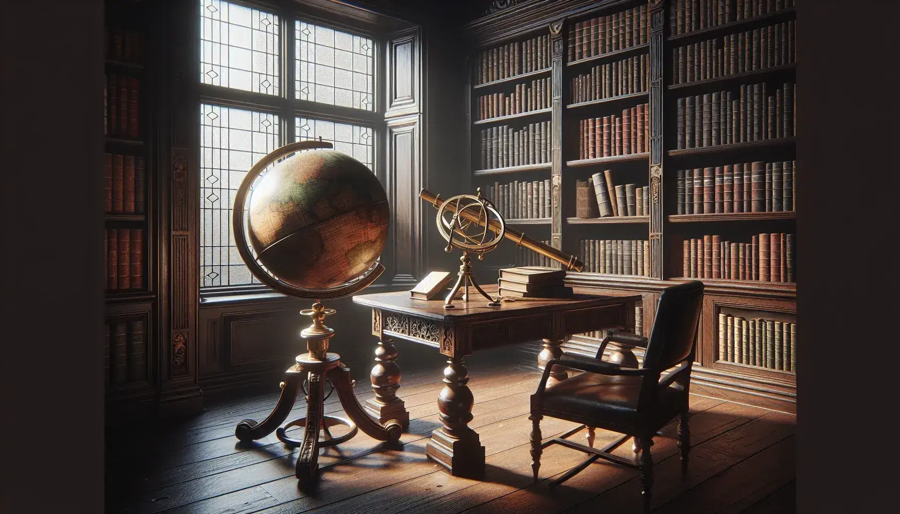 Biblioteca antigua con estanterías de madera oscura llenas de libros, mesa central con globo terráqueo sepia y telescopio de latón, silla de madera con asiento de cuero y suelo de madera pulida.