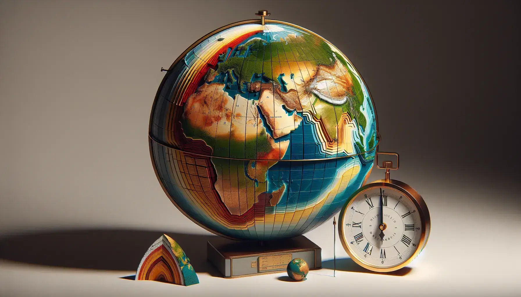 Globo terrestre illuminato con continenti in verde e marrone, orologio dorato a sinistra, sezione crosta terrestre e modello vulcano con fumo.