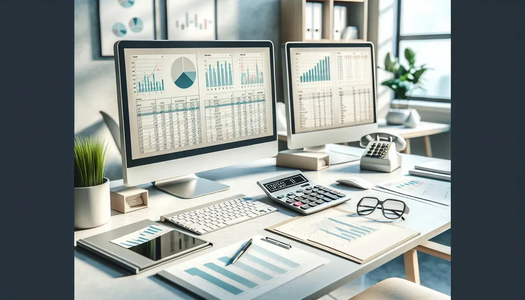 Oficina moderna y luminosa con escritorio y monitores mostrando gráficos financieros, calculadora, documentos impresos, teléfono, gafas y taza de café, con ventana y cielo azul al fondo.