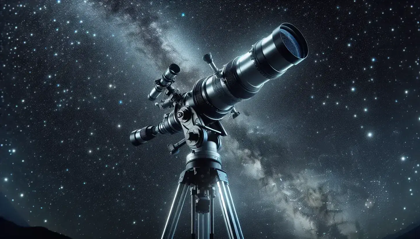 Professional-grade telescope with a metallic silver body and blue-tinted lens aimed at a star-filled night sky, showcasing the beauty of astronomy.