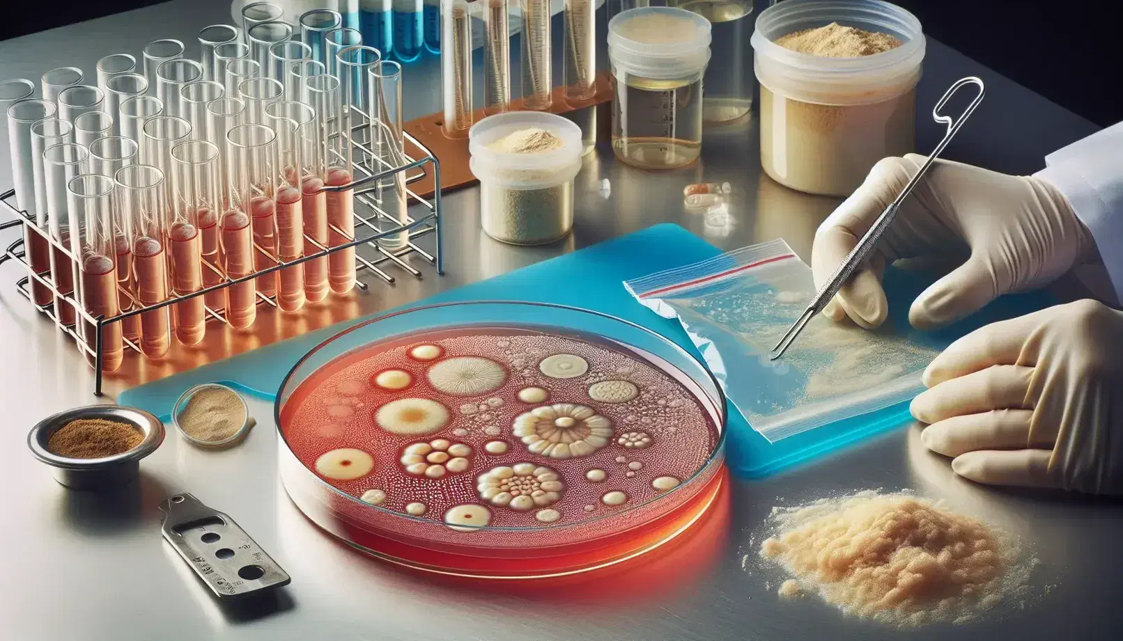 Laboratory bench with petri dish showing bacterial colonies, an inoculating loop on a blue mat, and gloved hands holding a bag of culture media.