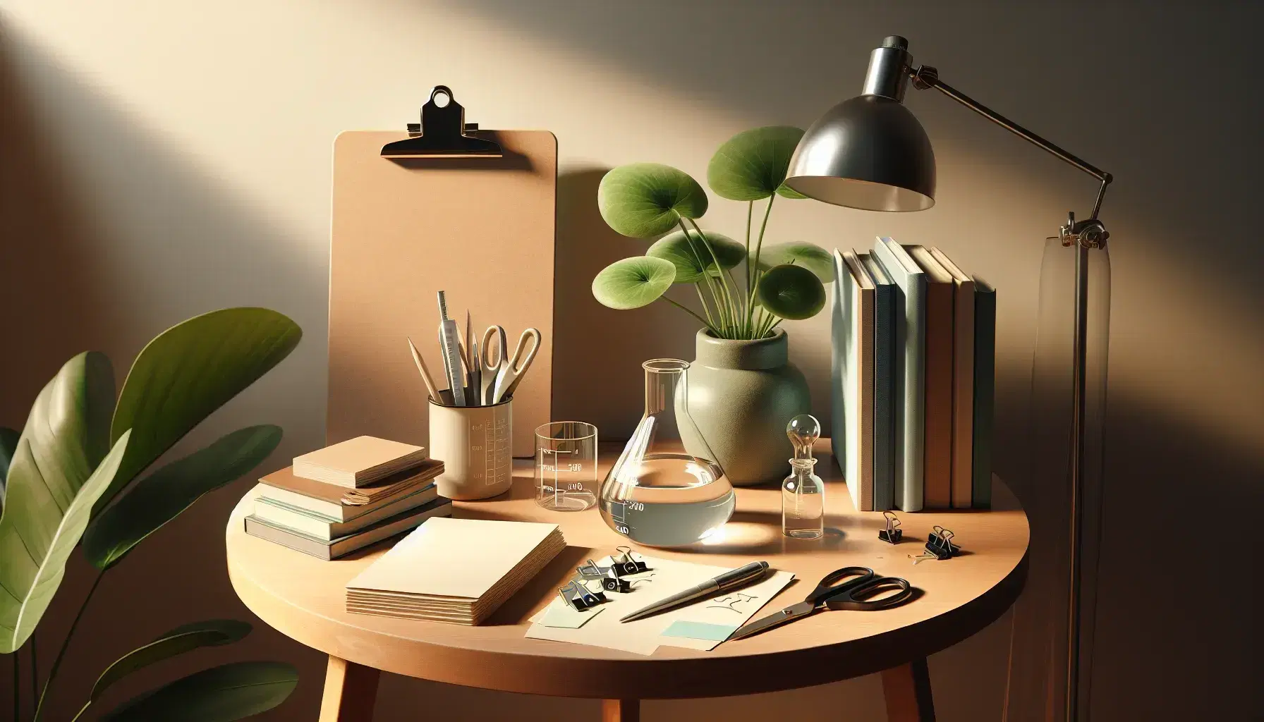 Round wooden table with a glass beaker, green potted plant, silver scissors beside white index cards, clipboard, and solid-colored book stack in a softly lit room.