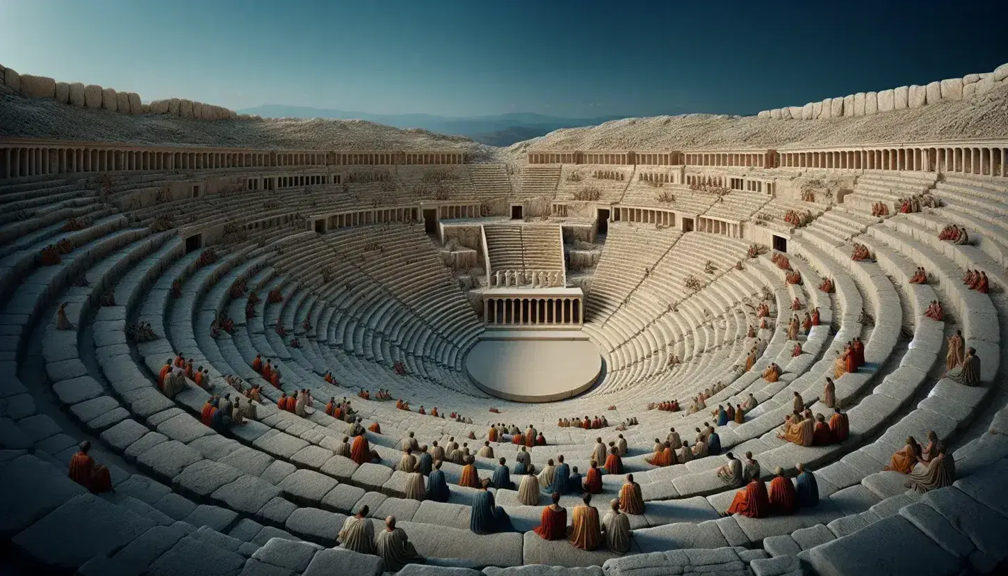 Teatro greco antico con gradinate semicircolari, spettatori moderni e attori in costume su palcoscenico centrale, circondato da paesaggio collinare.