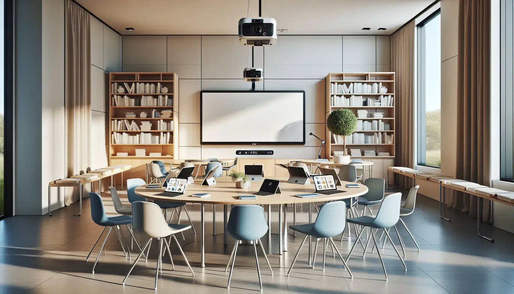 Aula moderna y luminosa con mesa redonda, sillas ergonómicas azules, dispositivos electrónicos, pizarra interactiva blanca apagada, proyector digital y estanterías con libros coloridos.