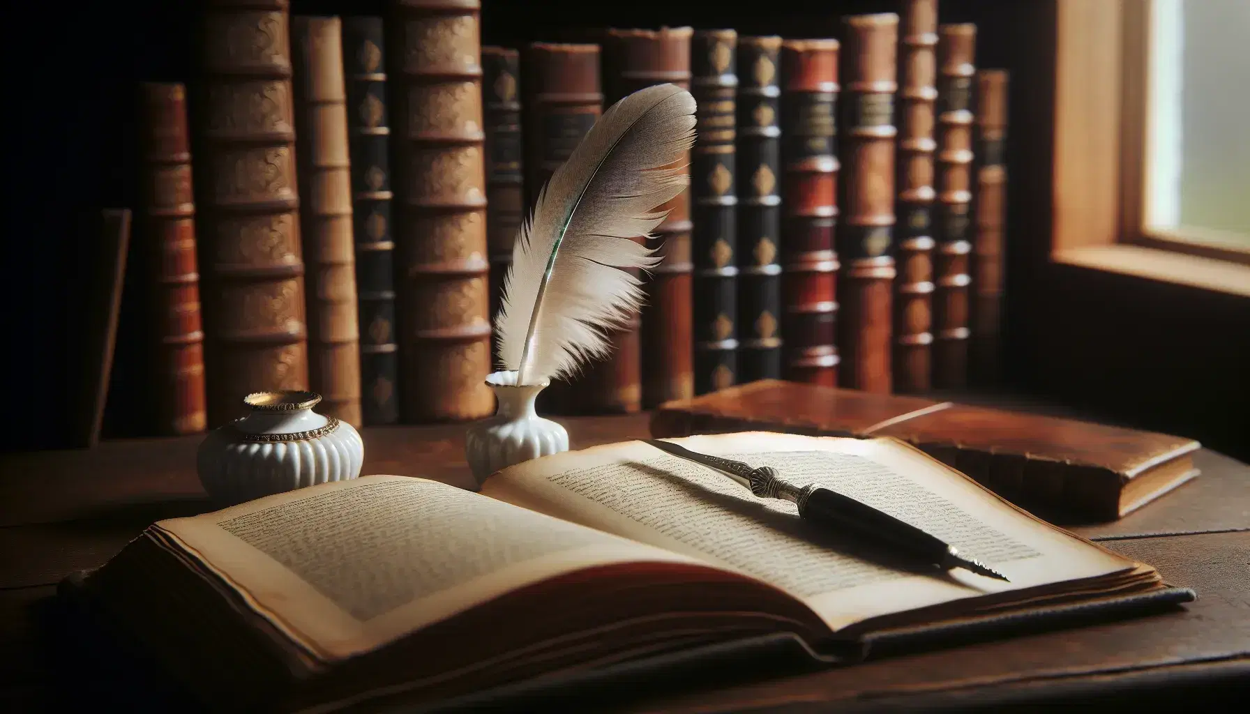 Primer plano de un libro abierto con pluma antigua y tintero de porcelana sobre mesa de madera oscura, con estantería de libros encuadernados en cuero al fondo.