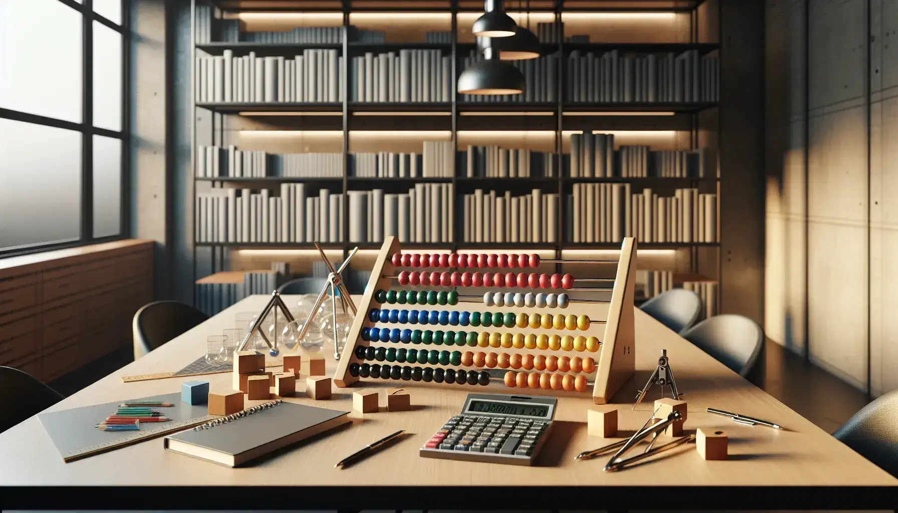 Tavolo in legno con abaco colorato, blocchi geometrici in legno, calcolatrice grafica spenta, compasso e righello in biblioteca moderna.