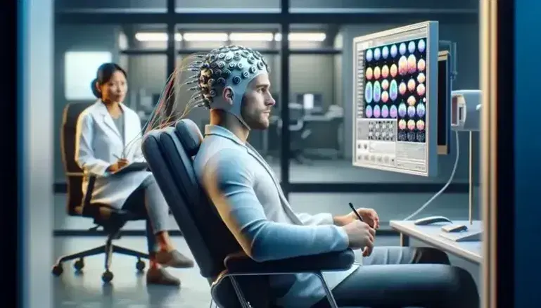Caucasian male in a recliner wearing a neuroimaging cap observes product images as a South Asian female scientist takes notes in a lab setting.